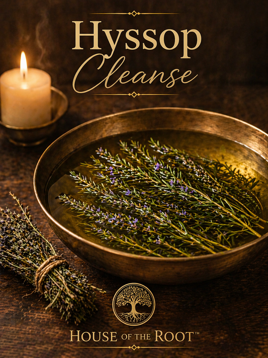A brass bowl filled with clear hyssop-infused water and fresh sprigs, softly lit by candlelight on a warm wooden surface, representing spiritual cleansing, purification, and renewal.