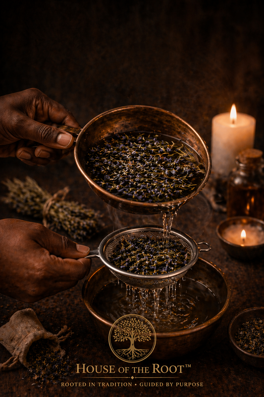 Hands pouring a hyssop herbal infusion through a metal strainer into a bowl, with candlelight and natural elements in a warm, grounded ritual setting, representing preparation for spiritual cleansing work.
