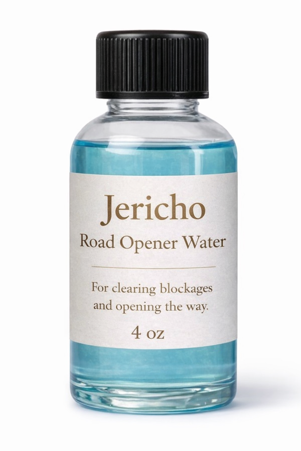 4 oz Jericho Road Opener Water bottle with light blue liquid on a clean white background