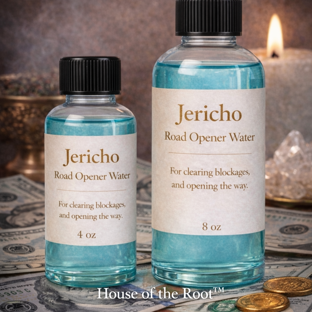 4 oz and 8 oz Jericho Road Opener Water bottles displayed together on currency with candle and crystal background