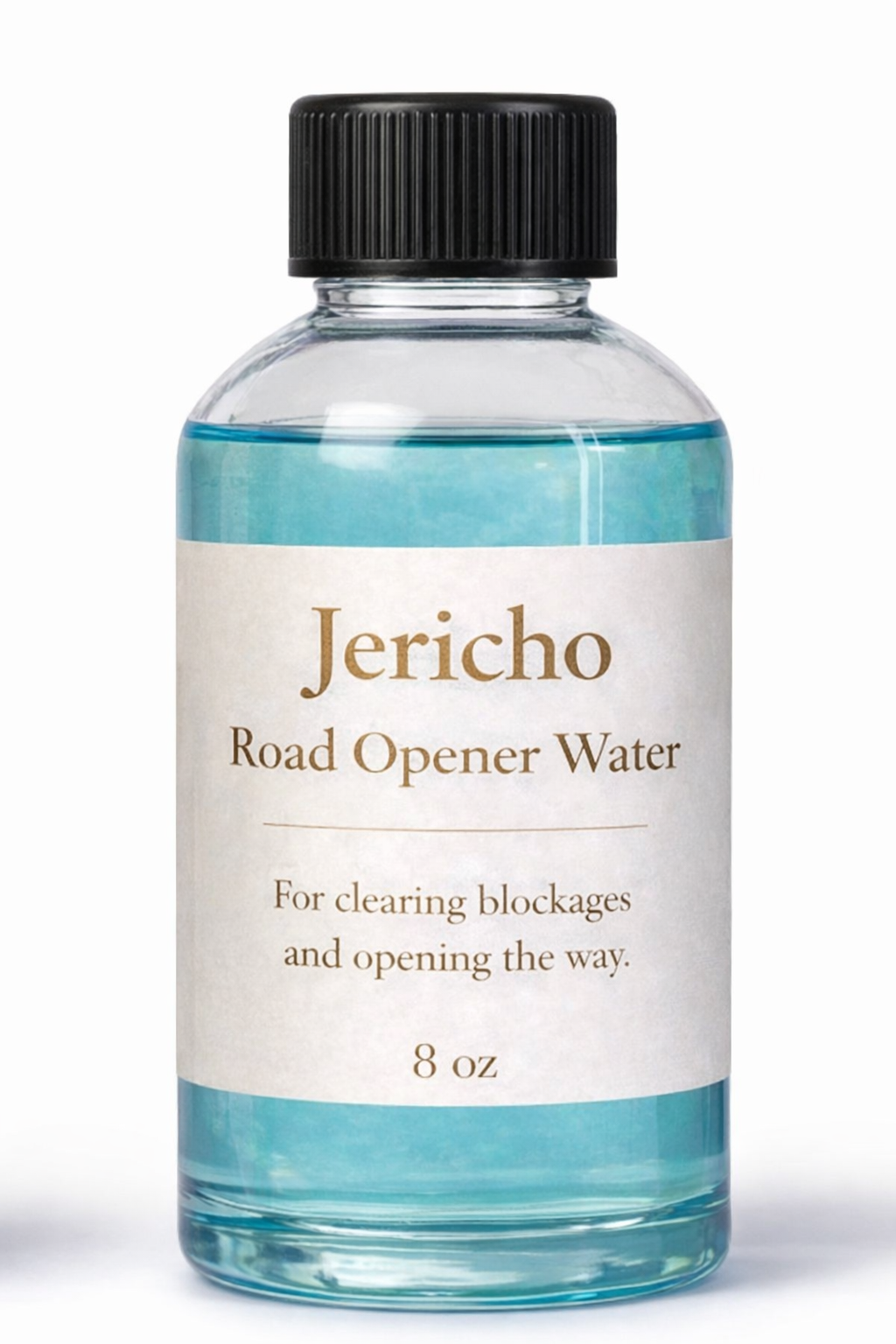 8 oz Jericho Road Opener Water bottle with light blue liquid on a clean white background
