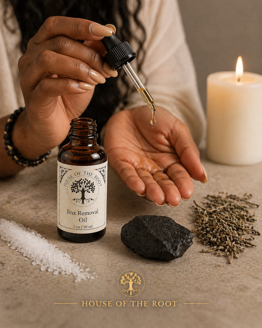 Black woman applying Jinx Removal Oil from dropper into palm with amber bottle, salt, charcoal, and cleansing herbs on neutral surface with soft white candle in background