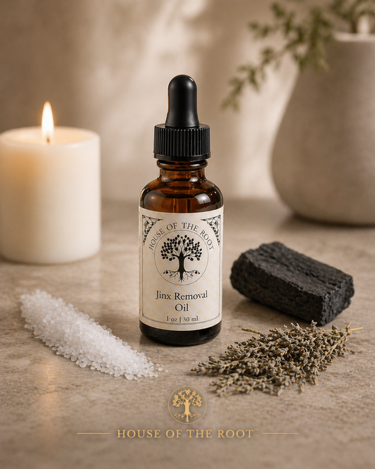 Amber bottle of Jinx Removal Oil with coarse salt line, charcoal piece, and hyssop herbs on neutral stone surface with soft white candle in background