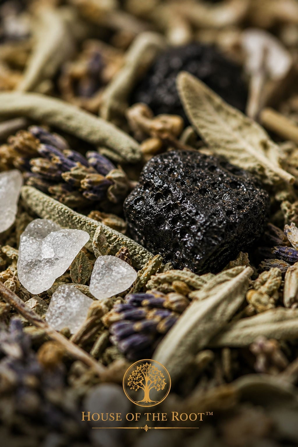 Close-up of Jinx Removal Spiritual Bath herbal blend showing texture and natural ingredients inside the pouch, highlighting quality, traditional formulation and purposeful cleansing work.