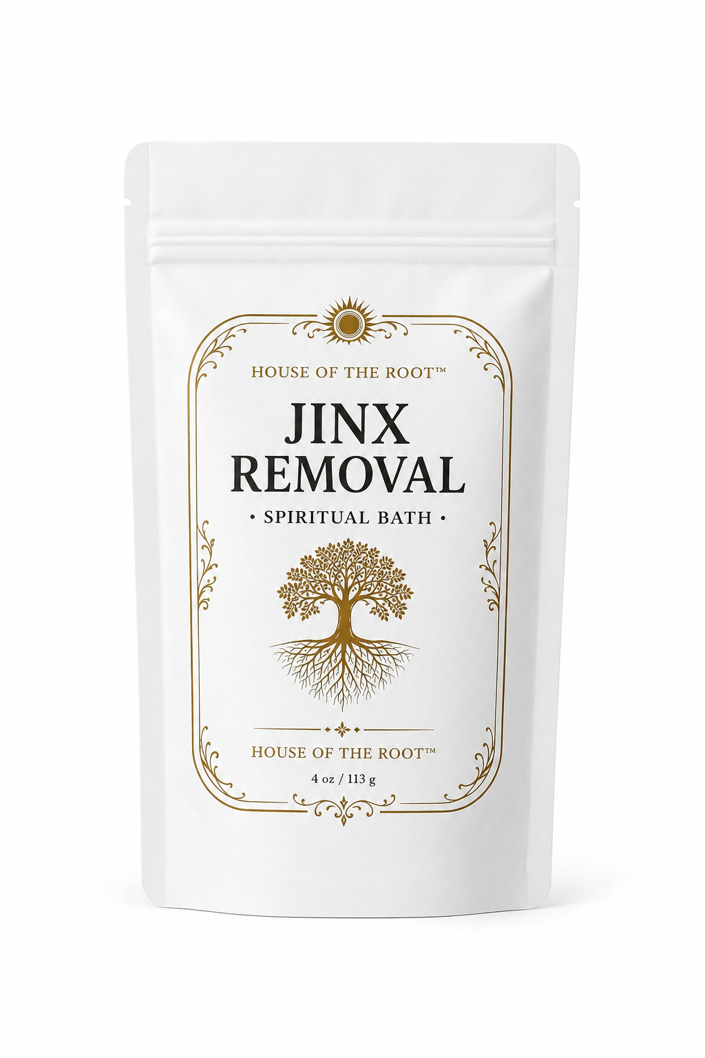 Jinx Removal Spiritual Bath by House of the Root™ displayed in a clean, elevated setting with a matte white pouch and gold detailing, styled with minimal grounding elements representing spiritual cleansing, removal of negative energy and clearing unwanted conditions.
