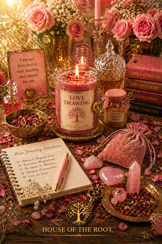 Romantic altar with rose petals crystals candles and soft lighting representing love attraction magnetism and new romantic opportunities