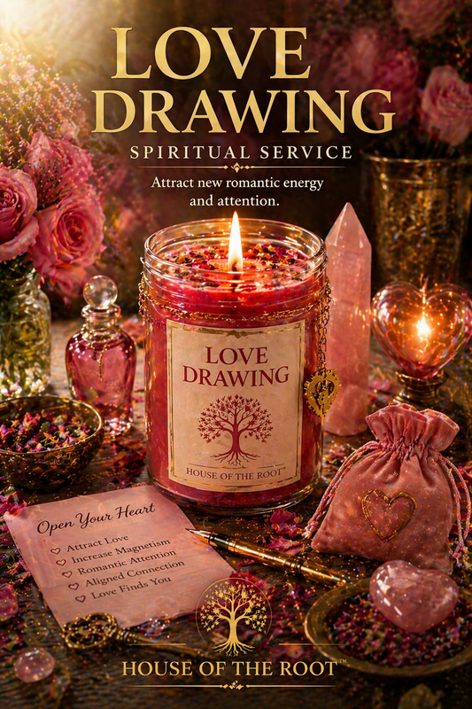 Pink love drawing candle surrounded by roses rose quartz crystals and warm candlelight representing attraction romantic energy and increased desirability