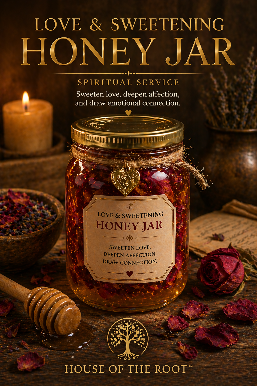 A glass honey jar filled with rich golden honey and rose petals sits centered on a wooden surface, surrounded by a honey dipper, dried rose petals, and a small bowl of herbs. Warm candlelight glows in the background, while elegant gold lettering reads “Love & Sweetening Honey Jar Spiritual Service,” with the House of the Root™ logo displayed at the bottom.