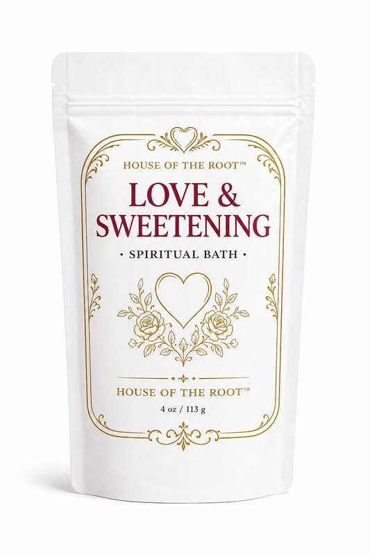 Love & Sweetening Oil by House of the Root™ displayed in a warm, luxury setting with a 1 oz amber glass bottle and dropper, styled with soft pink and gold tones representing attraction, affection, emotional warmth and romantic connection.