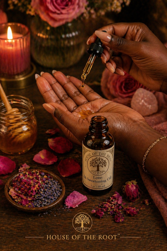 Hands applying Love and Sweetening Oil from dropper with amber bottle, honey jar, rose petals, and herbs in warm romantic setting