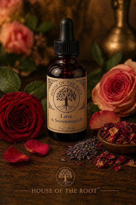 Amber bottle of Love and Sweetening Oil with honey jar, rose petals, lavender, and dried herbs on wooden surface in soft, warm setting