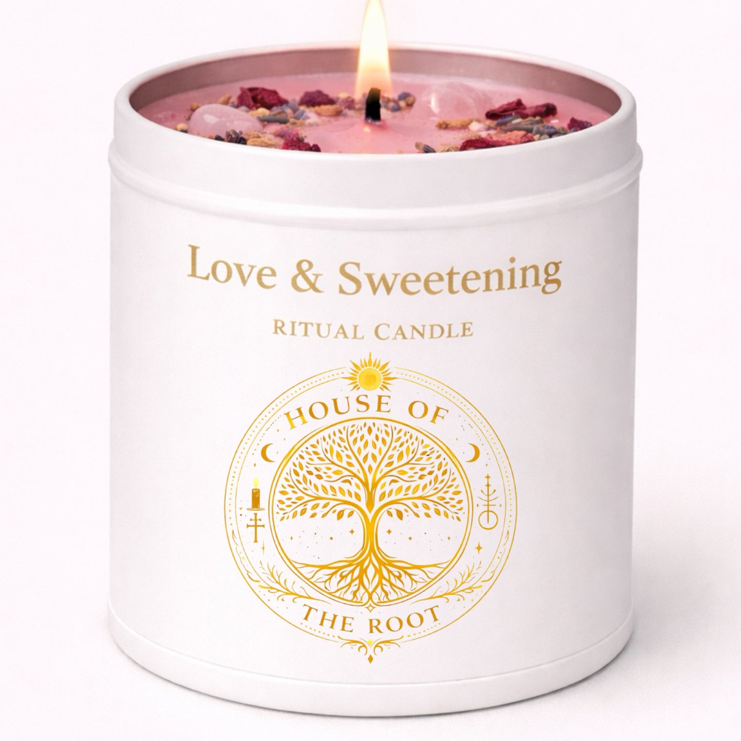 House of the Root Love & Sweetening Ritual Candle in white tin container with pink wax, rose petals, lavender, cinnamon, and rose quartz crystals for attraction and sweetening work.