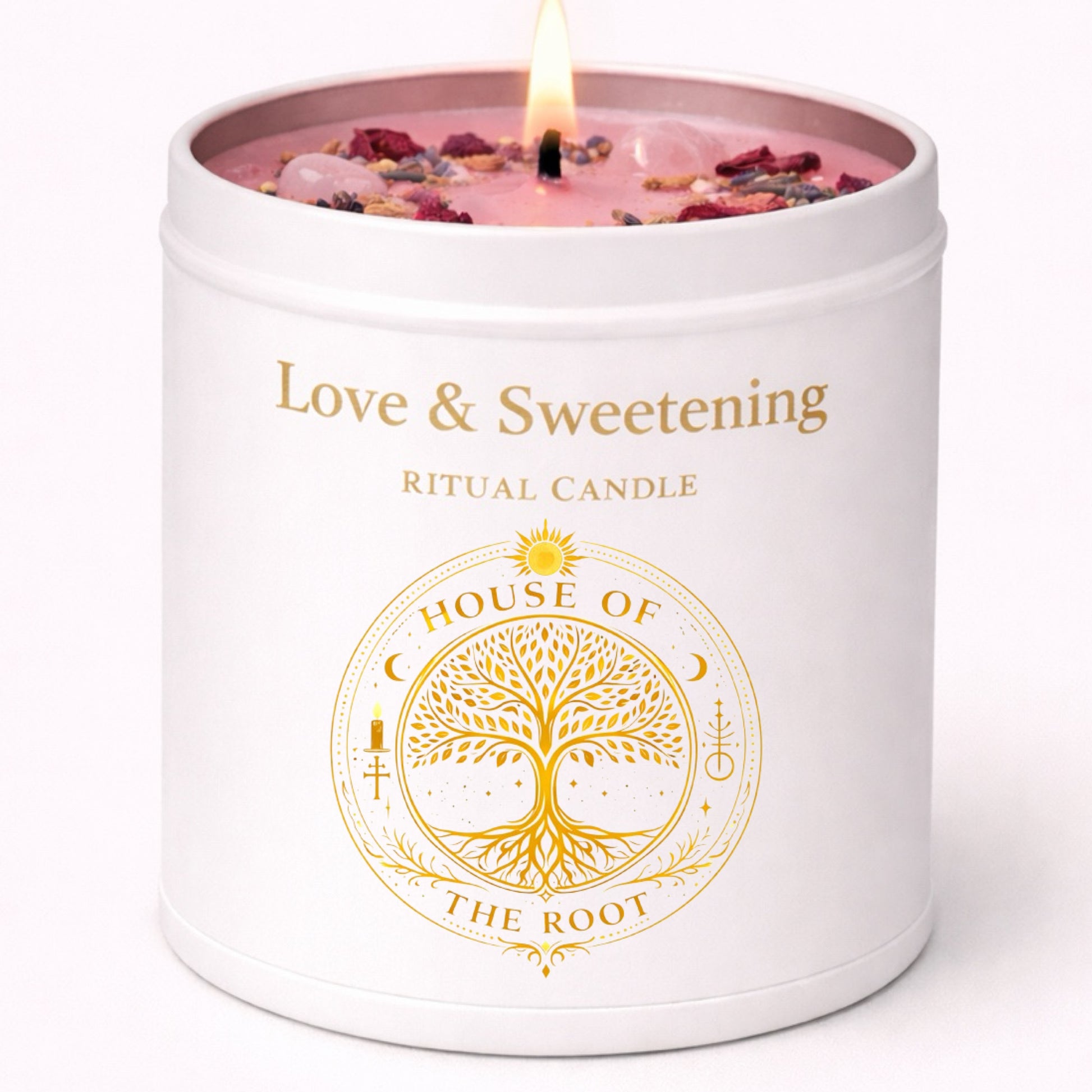 House of the Root Love & Sweetening Ritual Candle in white tin container with pink wax, rose petals, lavender, cinnamon, and rose quartz crystals for attraction and sweetening work.