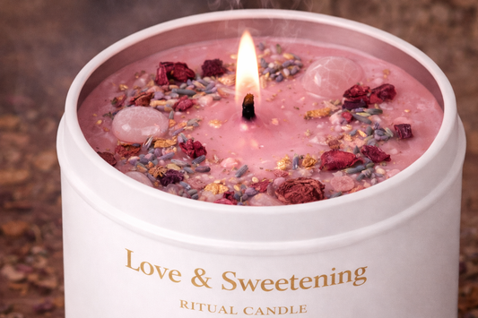 Top view of Love & Sweetening Ritual Candle showing pink wax dressed with rose petals, lavender, cinnamon, and rose quartz crystals used in attraction and love work.
