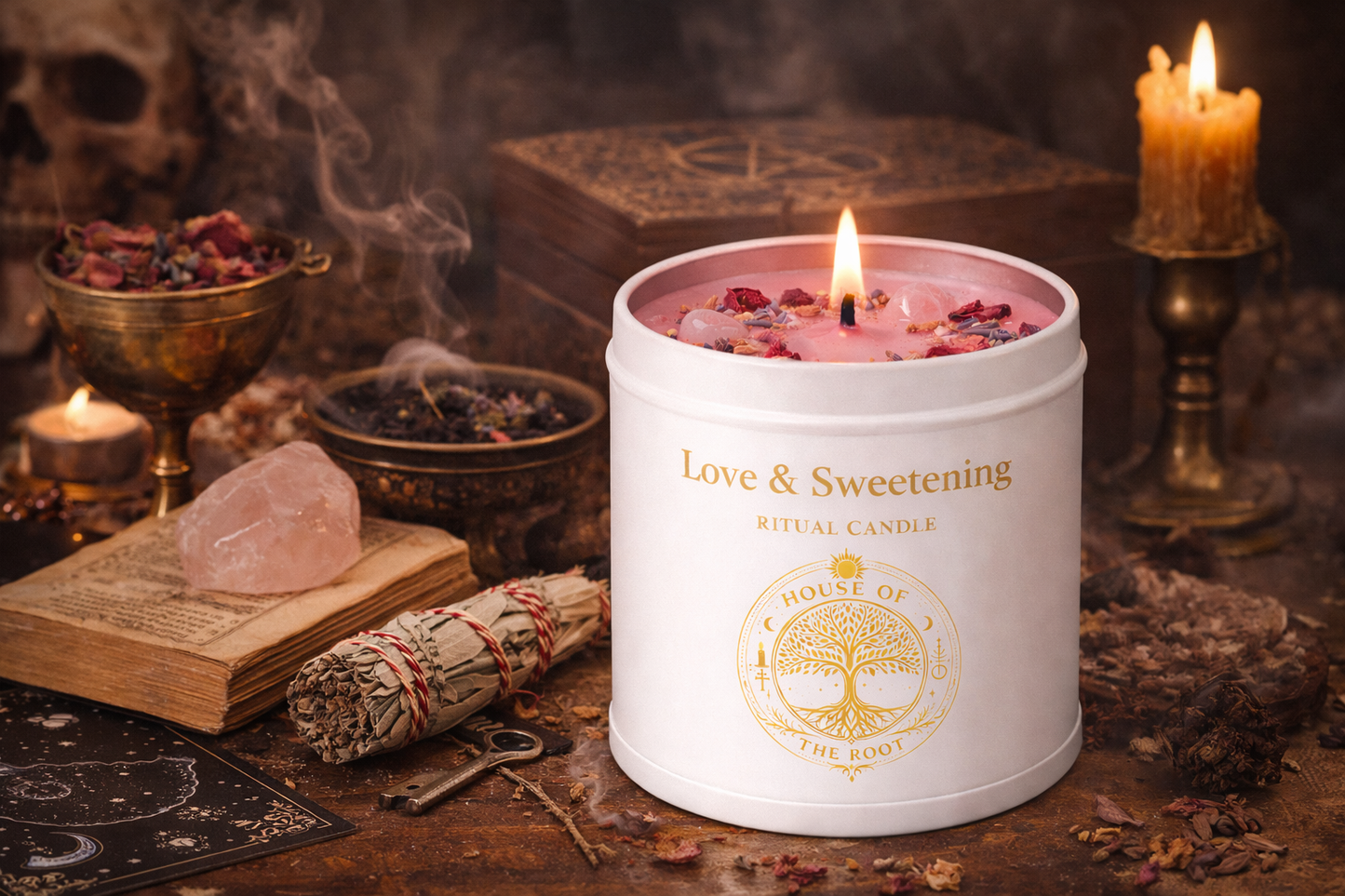 Top view of Love & Sweetening Ritual Candle showing pink wax dressed with rose petals, lavender, cinnamon, and rose quartz crystals used in attraction and love work.