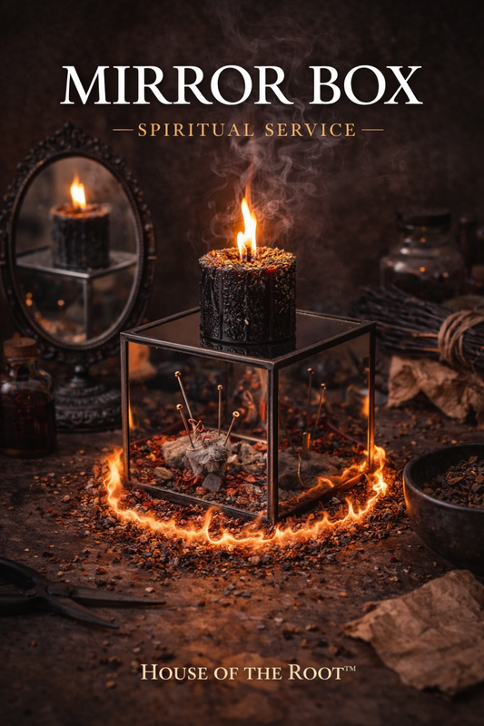Mirror box setup with candle and reflective surfaces used for spiritual containment and energy reflection work