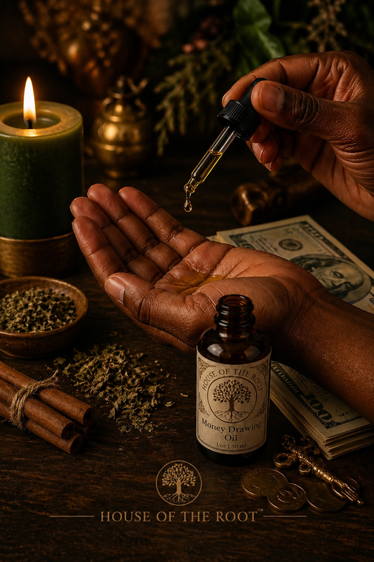 Hands applying Money Drawing Oil from dropper with amber bottle, cash, coins, cinnamon, herbs, and green candle in warm ritual setting