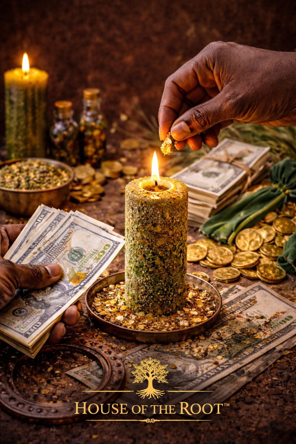 Female hands performing money drawing work with candle and herbs to attract financial success and opportunity by House of the Root™
