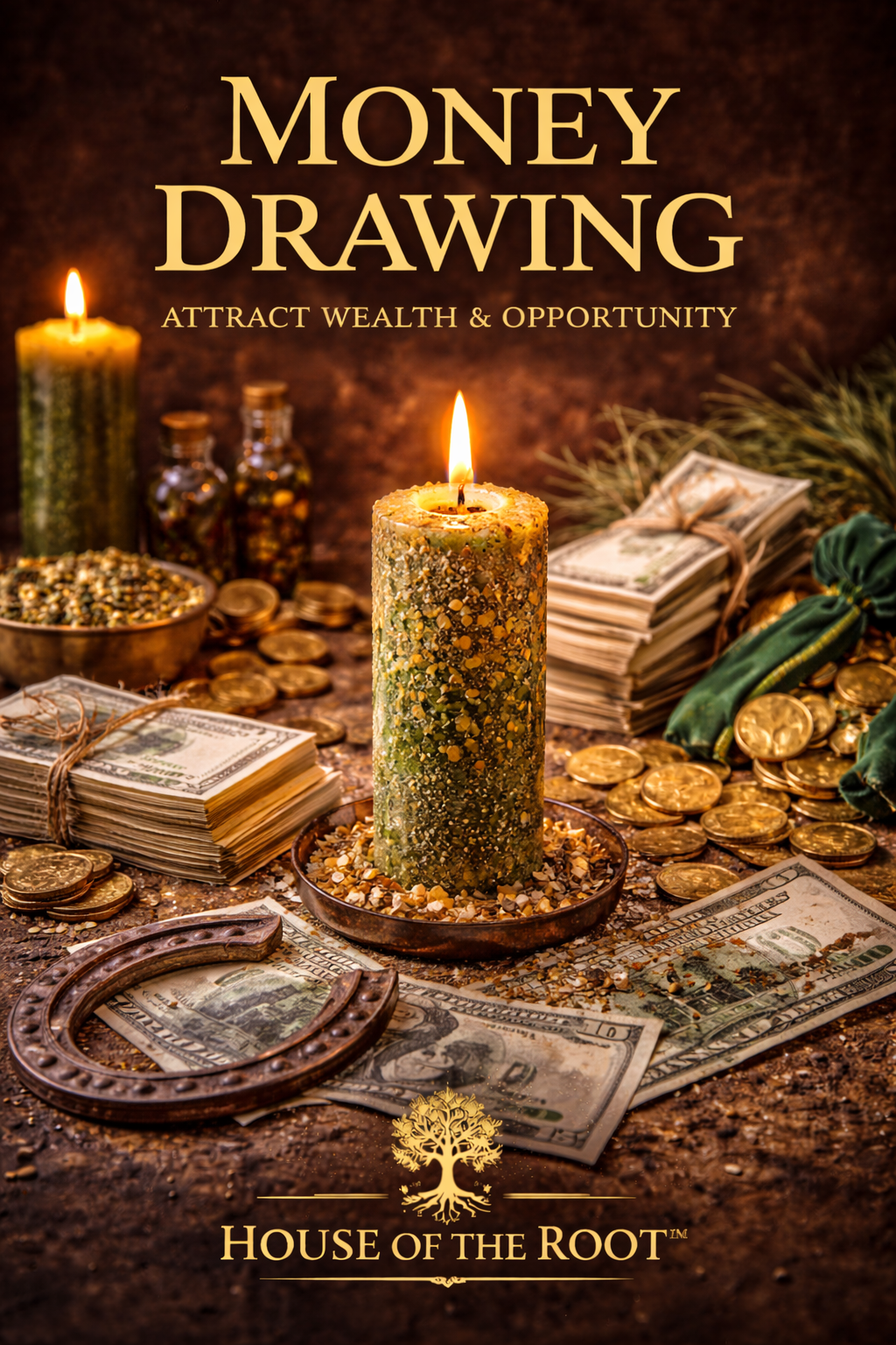 Money drawing ritual with candle, herbs and currency used to attract wealth, income and financial opportunity by House of the Root™