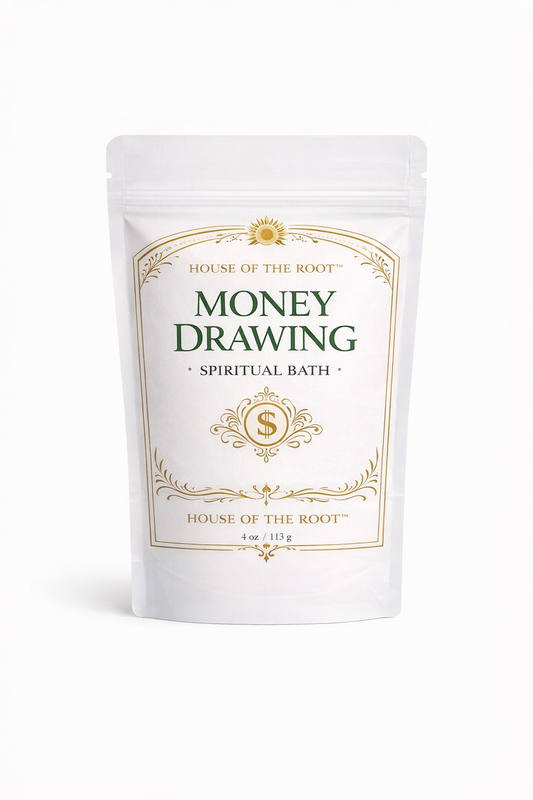 Money Drawing Spiritual Bath by House of the Root in white pouch with gold label on clean white background