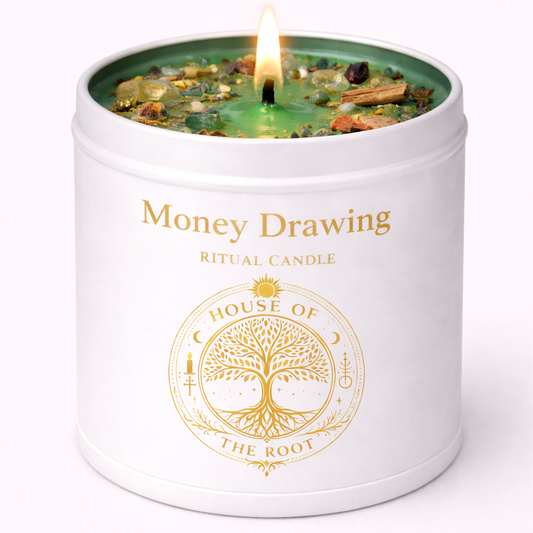 House of the Root Money Drawing Ritual Candle in a white tin with green wax, herbs and crystals designed to attract prosperity, abundance and financial opportunities.