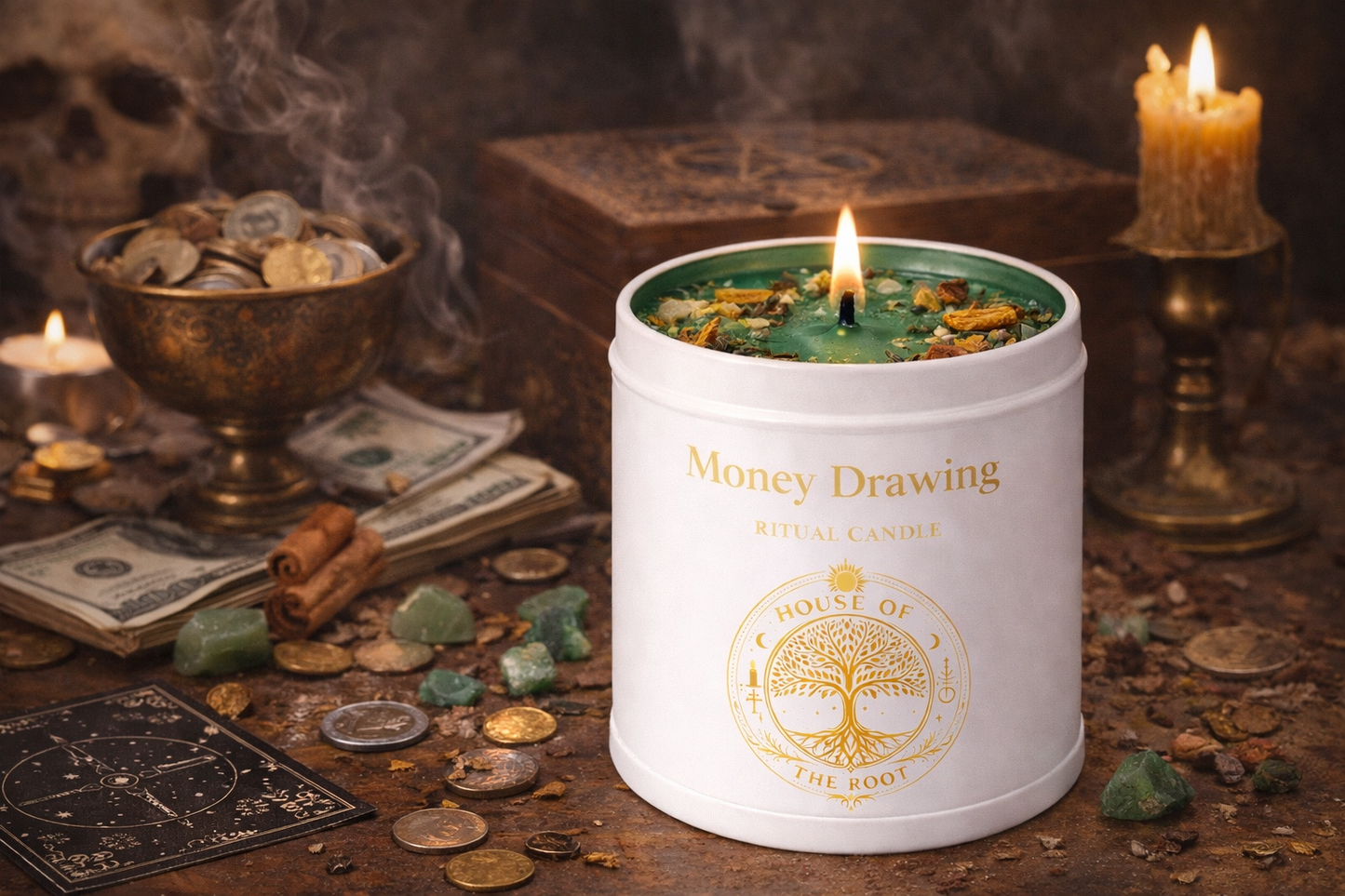 Money Drawing Ritual Candle on a spiritual altar with coins, cinnamon, crystals and candles used for prosperity rituals and financial manifestation.

