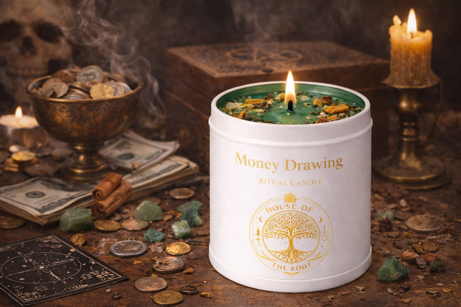 Money Drawing Ritual Candle on a spiritual altar with coins, cinnamon, crystals and candles used for prosperity rituals and financial manifestation.

