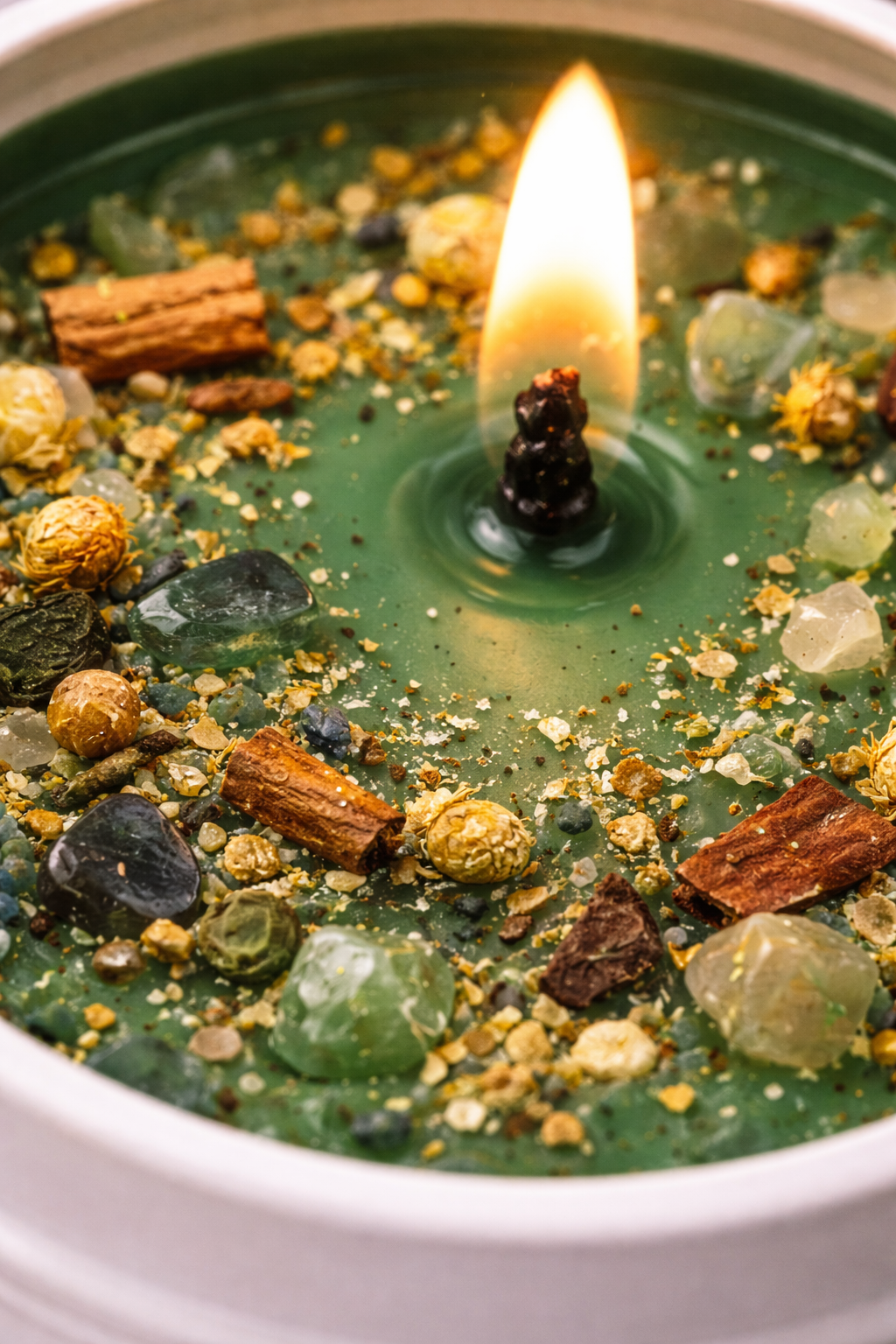 Macro close-up of green wax Money Drawing Ritual Candle showing herbs, crystals, chamomile and cinnamon used for prosperity and abundance rituals.
sweetening spiritual work.