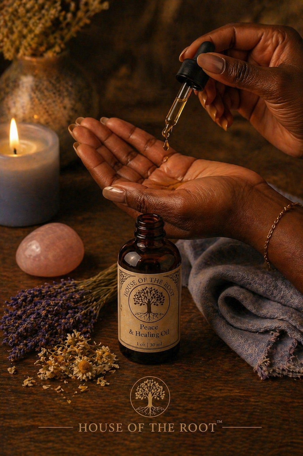 Black woman applying Peace and Healing Oil from dropper with amber bottle, soft herbs, and calming ritual setup in warm setting