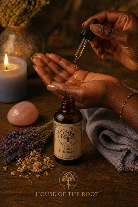 Black woman applying Peace and Healing Oil from dropper with amber bottle, soft herbs, and calming ritual setup in warm setting