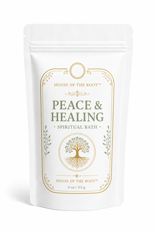 Peace & Healing Spiritual Bath by House of the Root™ displayed in a clean, elevated setting with a matte white pouch and gold detailing, styled with soft, calming elements representing emotional balance, inner peace, healing and restoration.