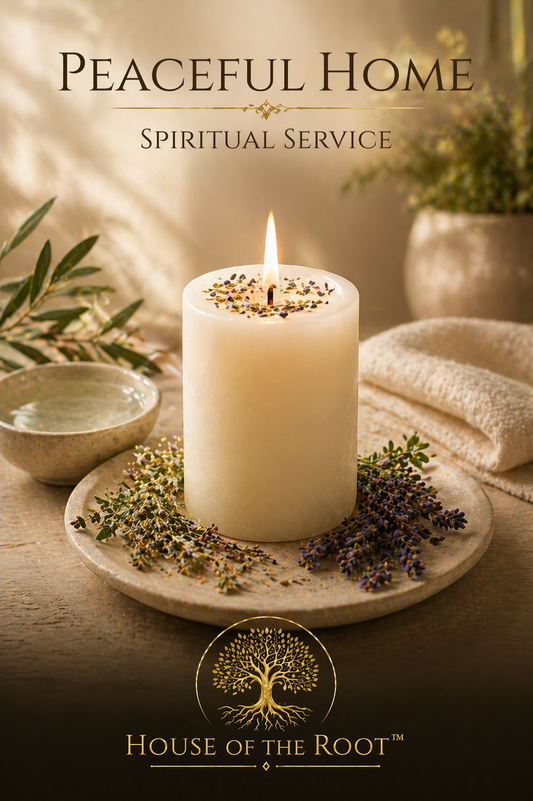 White pillar candle with soft flame and minimal herbs on a neutral surface representing calm restored energy and harmony within the home
