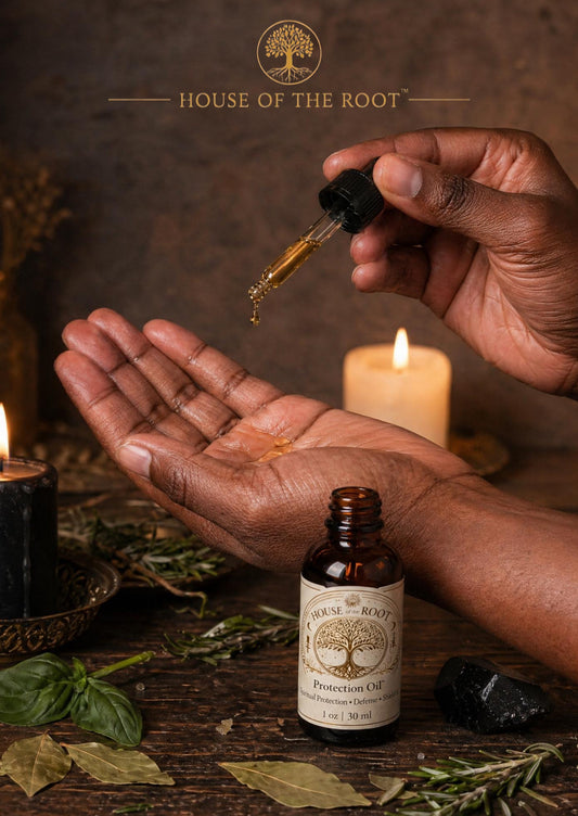 Hands applying Protection Oil from dropper with amber bottle, candles, herbs, and ritual elements in warm setting