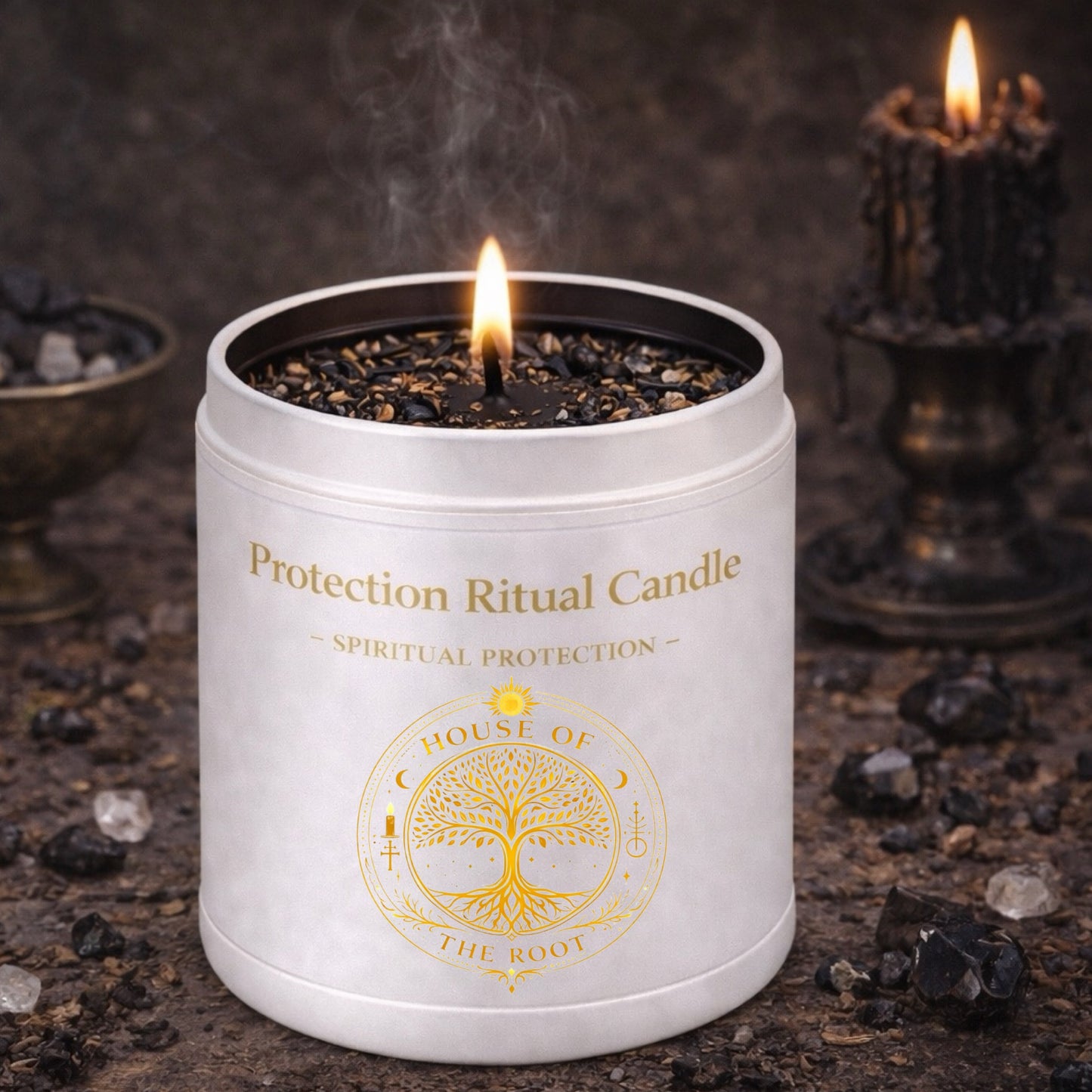 Protection Ritual Candle burning in a spiritual altar setting with rosemary, bay leaves, garlic, sea salt, and protective herbs arranged around the candle.
