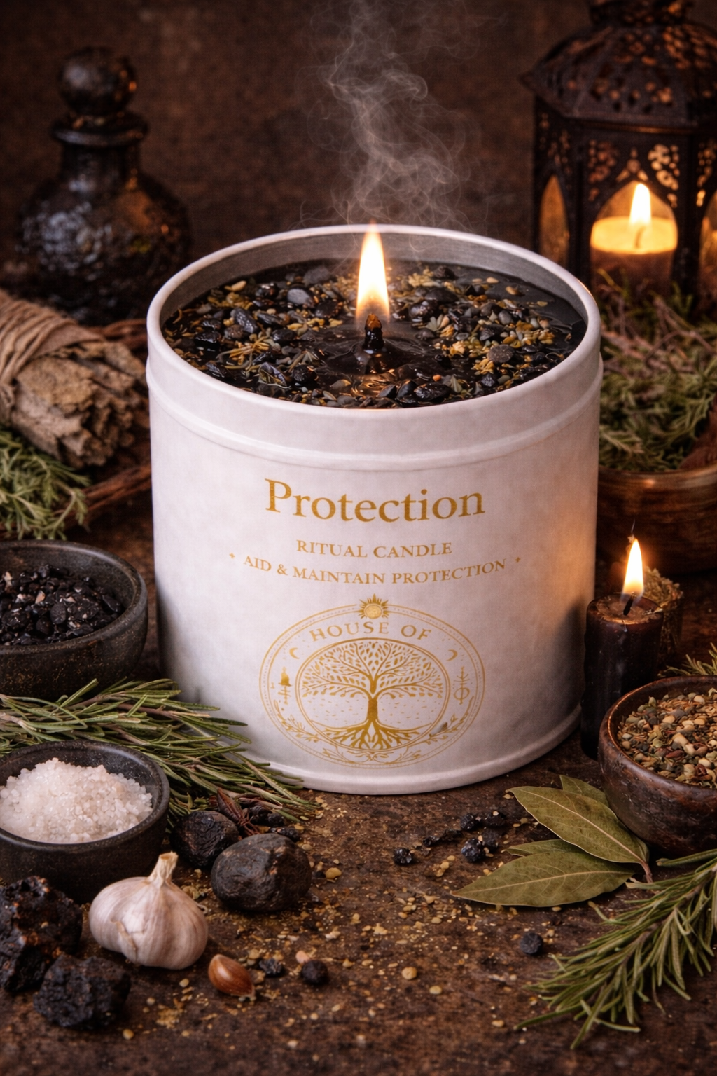 Top view of Protection Ritual Candle with black wax dressed with protective herbs, resin, and black stones for spiritual protection work.
