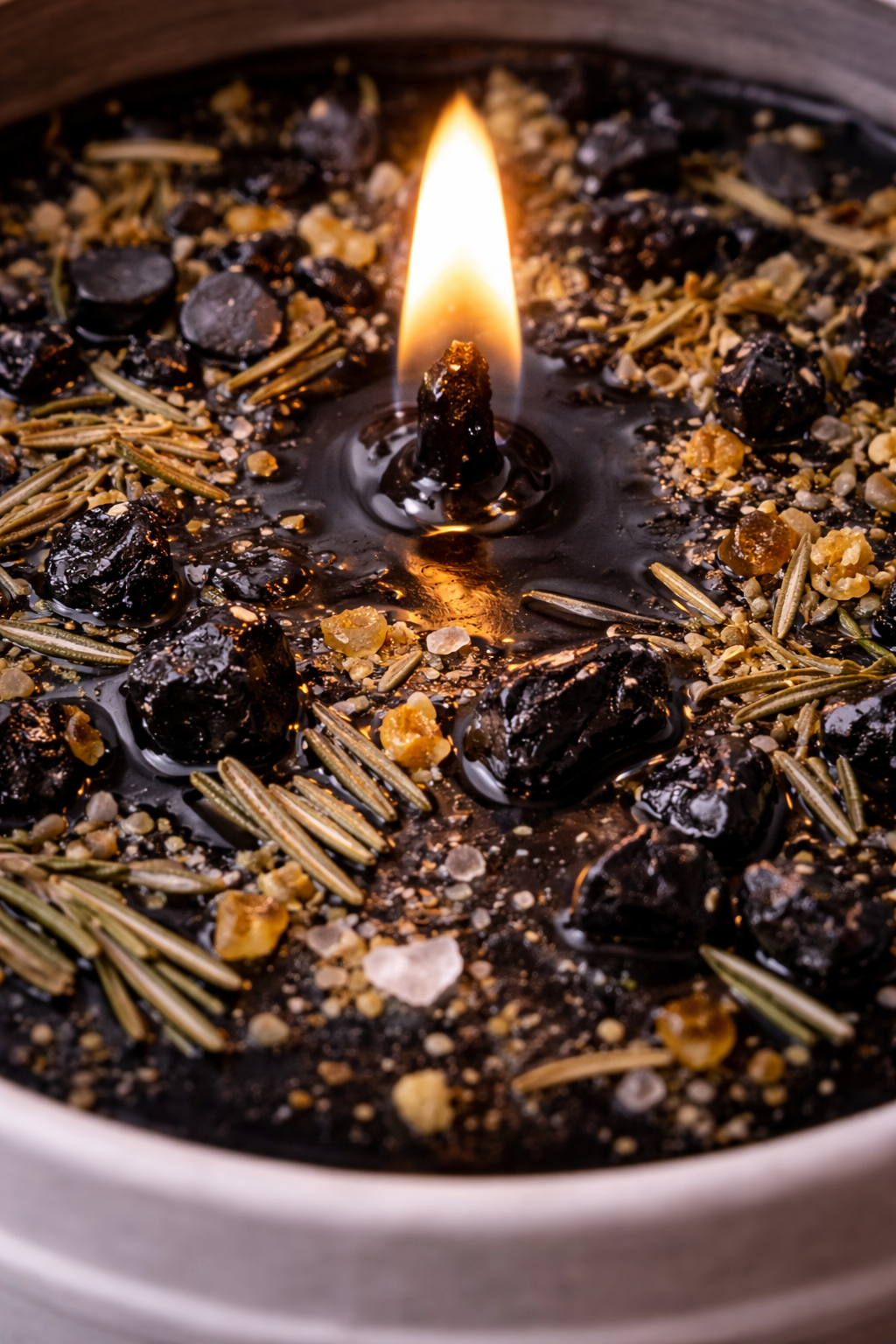 Macro close-up of Protection Ritual Candle wax surface showing rosemary, frankincense resin, sea salt, and black stones used for protection rituals.
