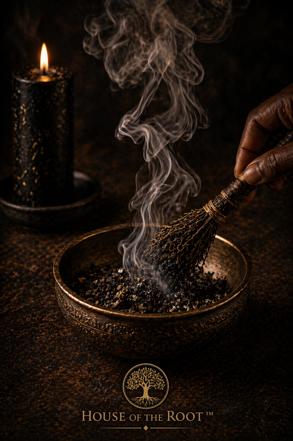 A brass ritual bowl with smoldering herbs releases defined upward smoke as a hand moves a cleansing bundle over it, with a black chime candle softly glowing in the background, representing active protection work in progress.