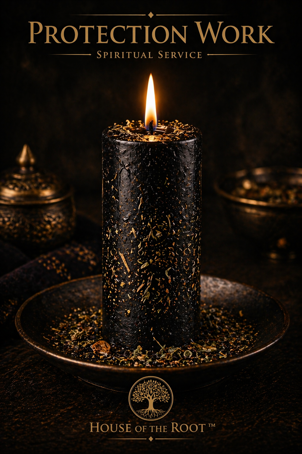 A black dressed pillar candle with a strong steady flame sits on a dark plate with lightly scattered herbs, symbolizing protection work and spiritual defense in a controlled, high-end ritual setting.