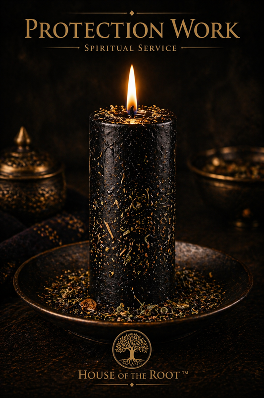 A black dressed pillar candle with a strong steady flame sits on a dark plate with lightly scattered herbs, symbolizing protection work and spiritual defense in a controlled, high-end ritual setting.