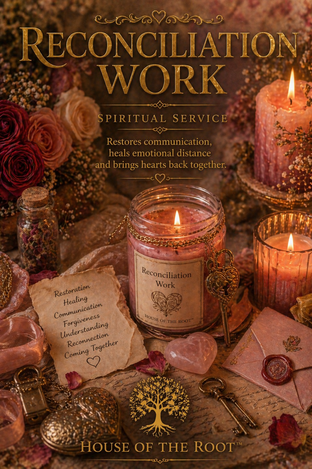 Reconciliation altar with candles herbs and warm light representing restored connection and emotional healing