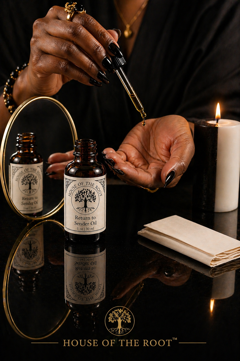 Black woman applying Return to Sender Oil from dropper with amber bottle, mirror, and folded petition paper on reflective dark surfaceCo