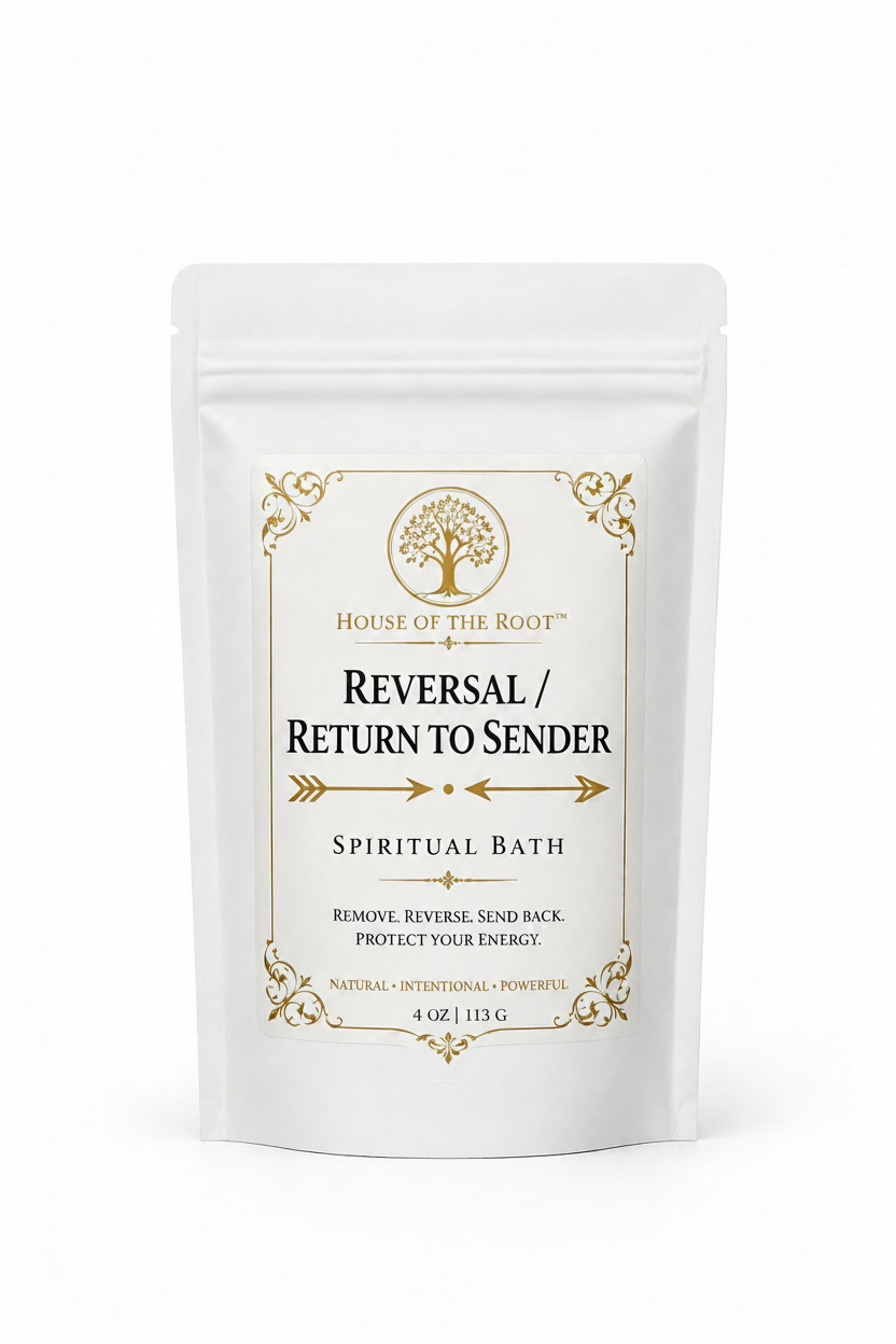 Reversal Return to Sender Spiritual Bath by House of the Root™ displayed in a clean, elevated setting with a matte white pouch and gold detailing, styled with minimal grounded elements representing reversal of negativity, protection and sending unwanted energy back to its source.