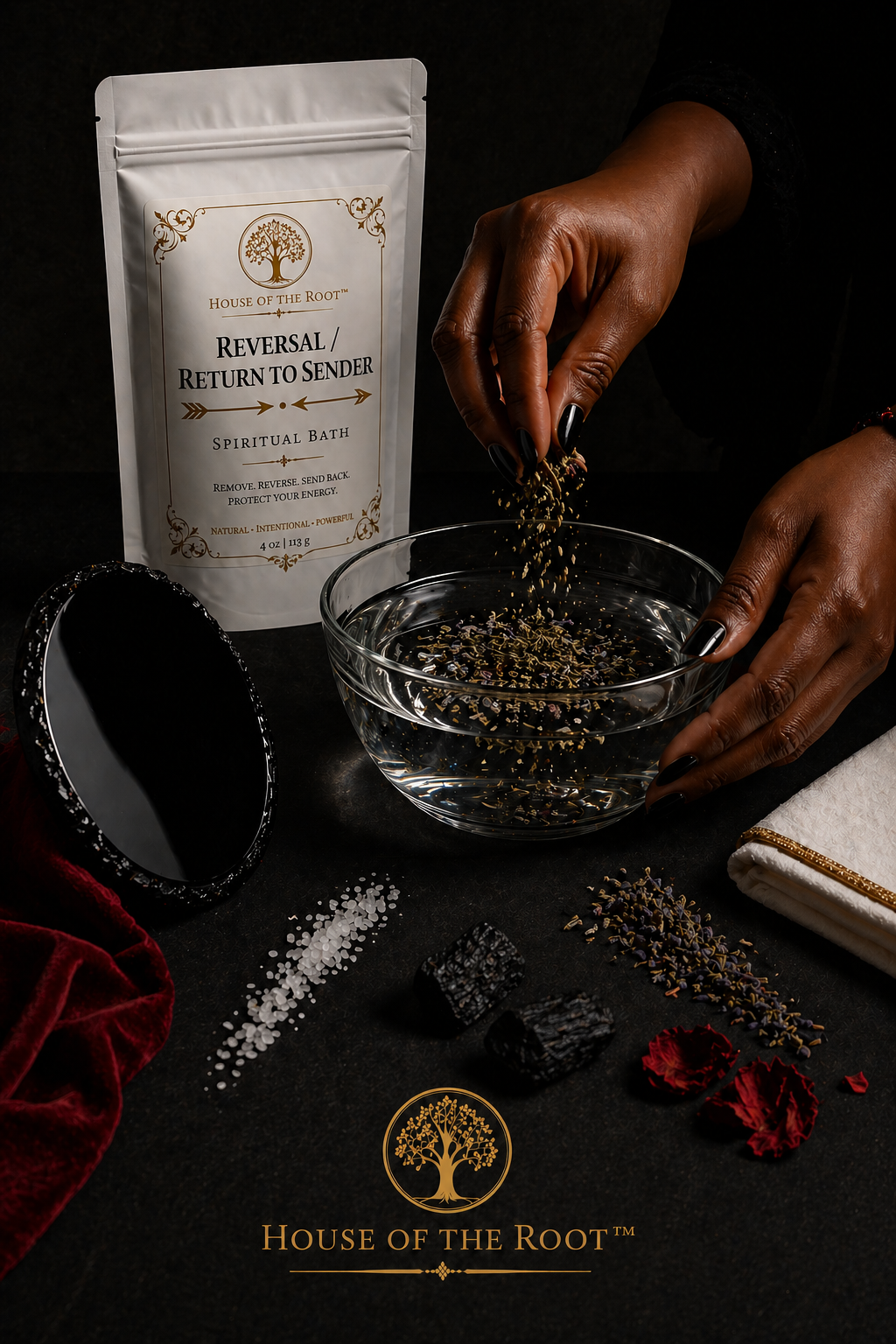 Black woman’s hands adding Reversal Return to Sender Spiritual Bath herbs into warm water on a neutral surface, with the product pouch visible in the background, representing preparation, intention and active reversal work.