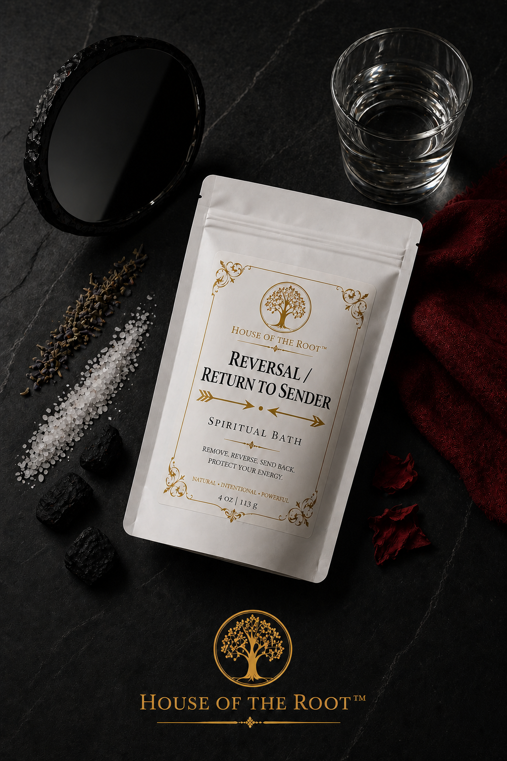 Reversal Return to Sender Spiritual Bath by House of the Root™ displayed in a clean, elevated setting with a matte white pouch and gold detailing, styled with minimal grounded elements representing reversal of negativity, protection and sending unwanted energy back to its source.