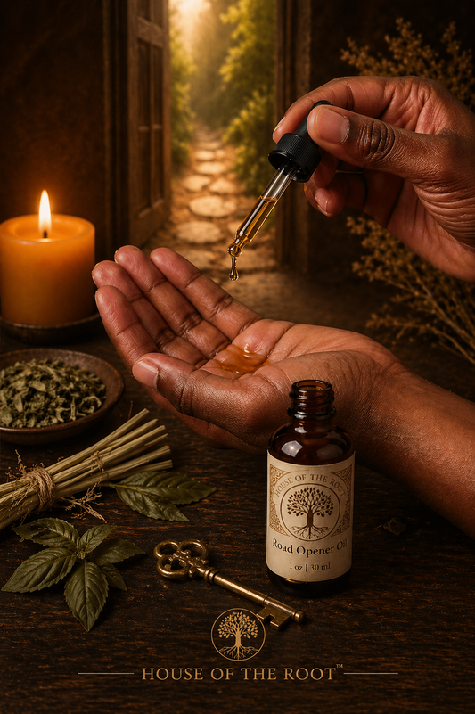 Hands applying Road Opener Oil from dropper with amber bottle, key, herbs, and open pathway background in warm ritual setting