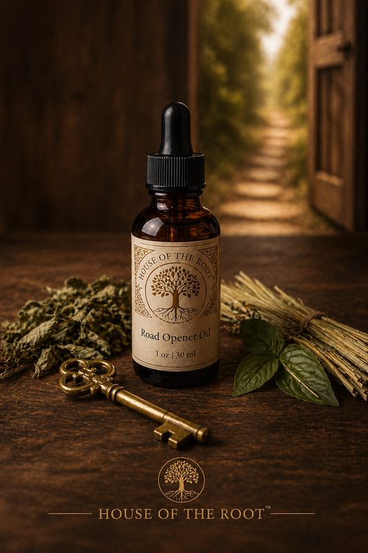 Amber bottle of Road Opener Oil with key and herbs on wooden surface with soft open pathway background
