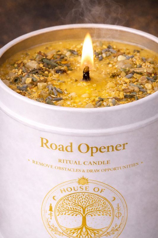 Top view of Road Opener Ritual Candle showing yellow wax dressed with traditional road opening herbs, crystals, and botanicals used to clear blockages and attract opportunities.