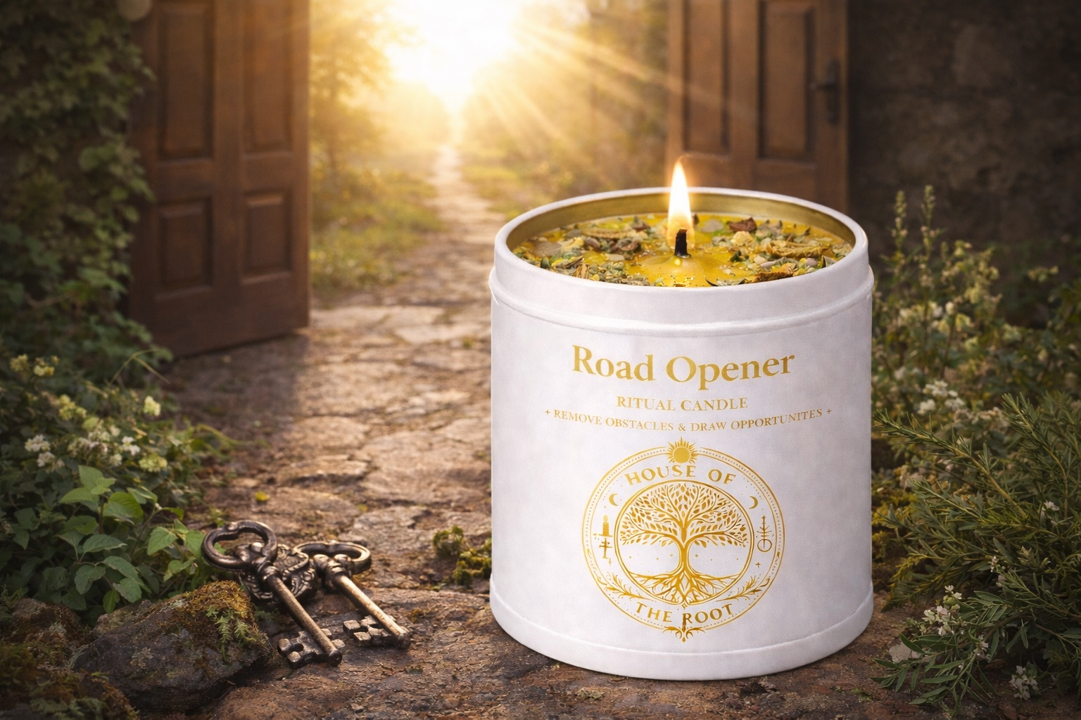 House of the Root Road Opener Ritual Candle burning in ritual setting with herbs and spiritual tools used for road opening and obstacle removal work.
