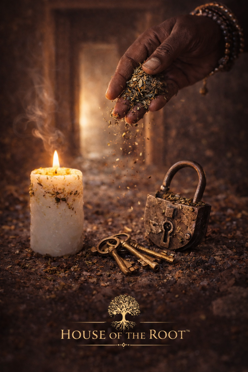 Hands performing Road Opener ritual with white candle, herbs, keys and open lock to remove blockages and create new opportunities by House of the Root™