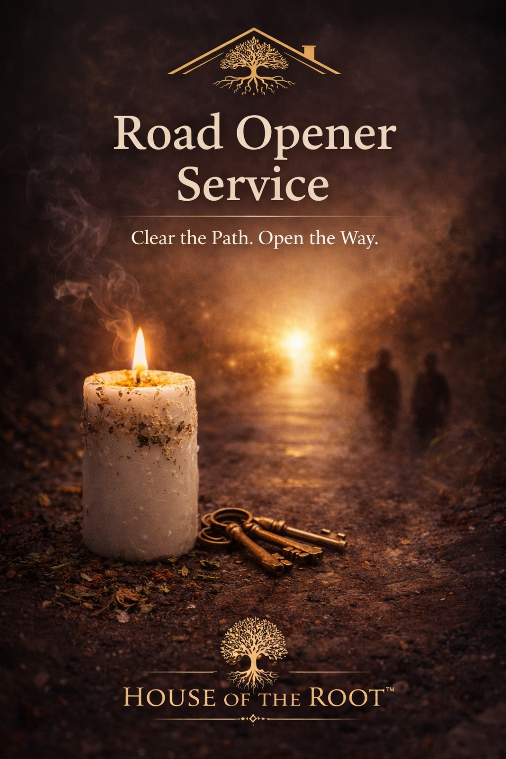 White ritual candle with herbs and gold accents beside antique keys on a grounded surface, symbolizing path clearing, opportunity and forward movement for Road Opener work by House of the Root™